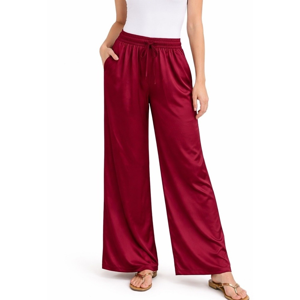 Max Studios Wide Leg Pants M Burgundy Satin Elastic Waist 3704V01A NWT
